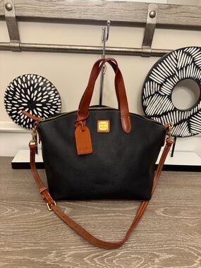 Dooney & Bourke Black Leather Tote with Brown Trim